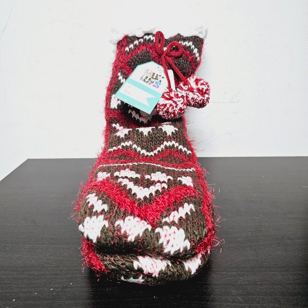 MUK LUKS Eyelash Faux Shearling Cabin Socks - Red & Brown - L/XL (8.5 - 11)  NWT